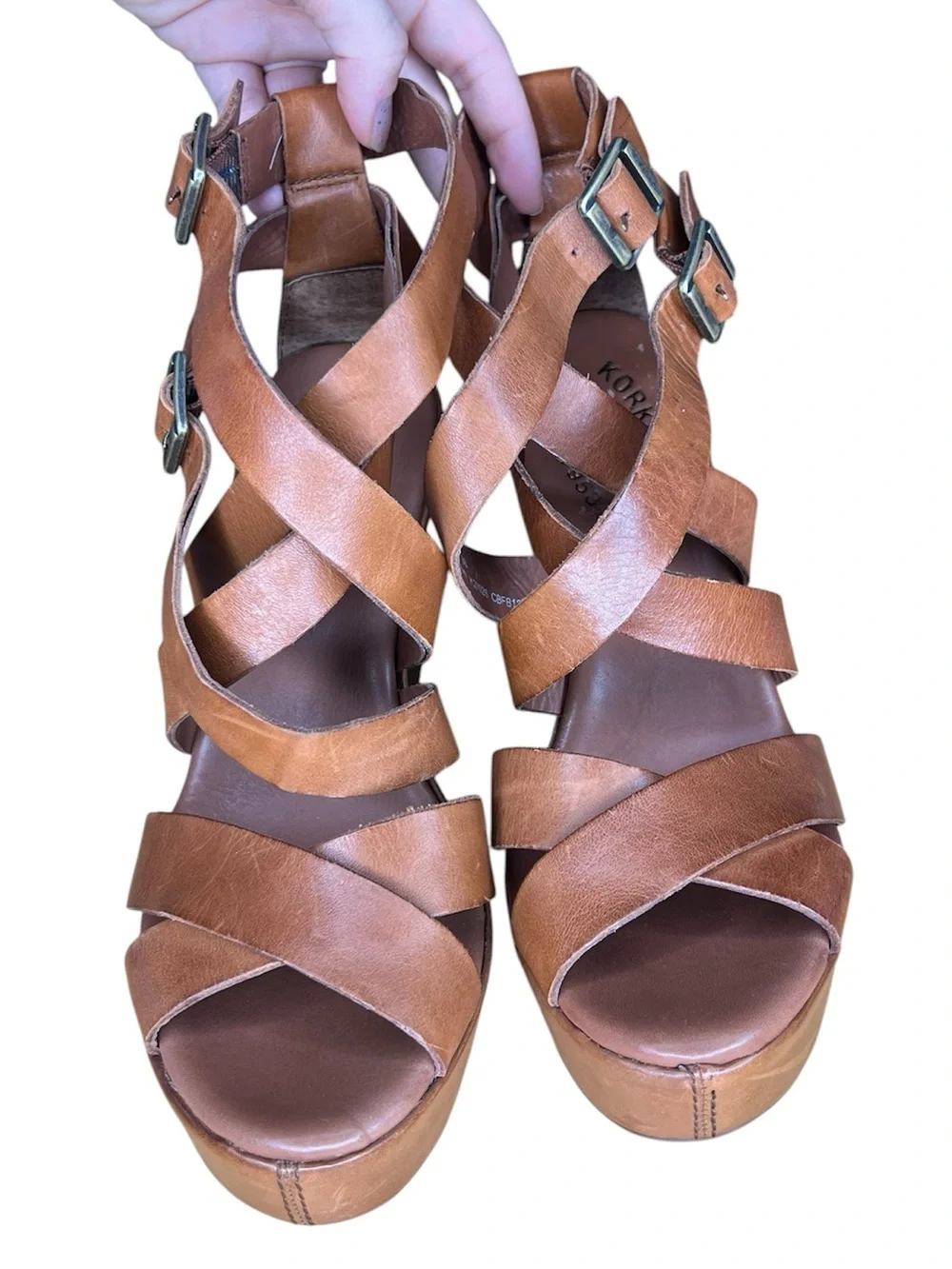 Kork-Ease Hailey Leather Platform Wedge Sandals Brown Double Buckle Strappy Sz 6